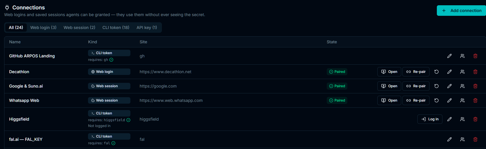The Connections screen: command-line tokens, API keys, web logins and paired browser sessions, each row showing which agents may use it.